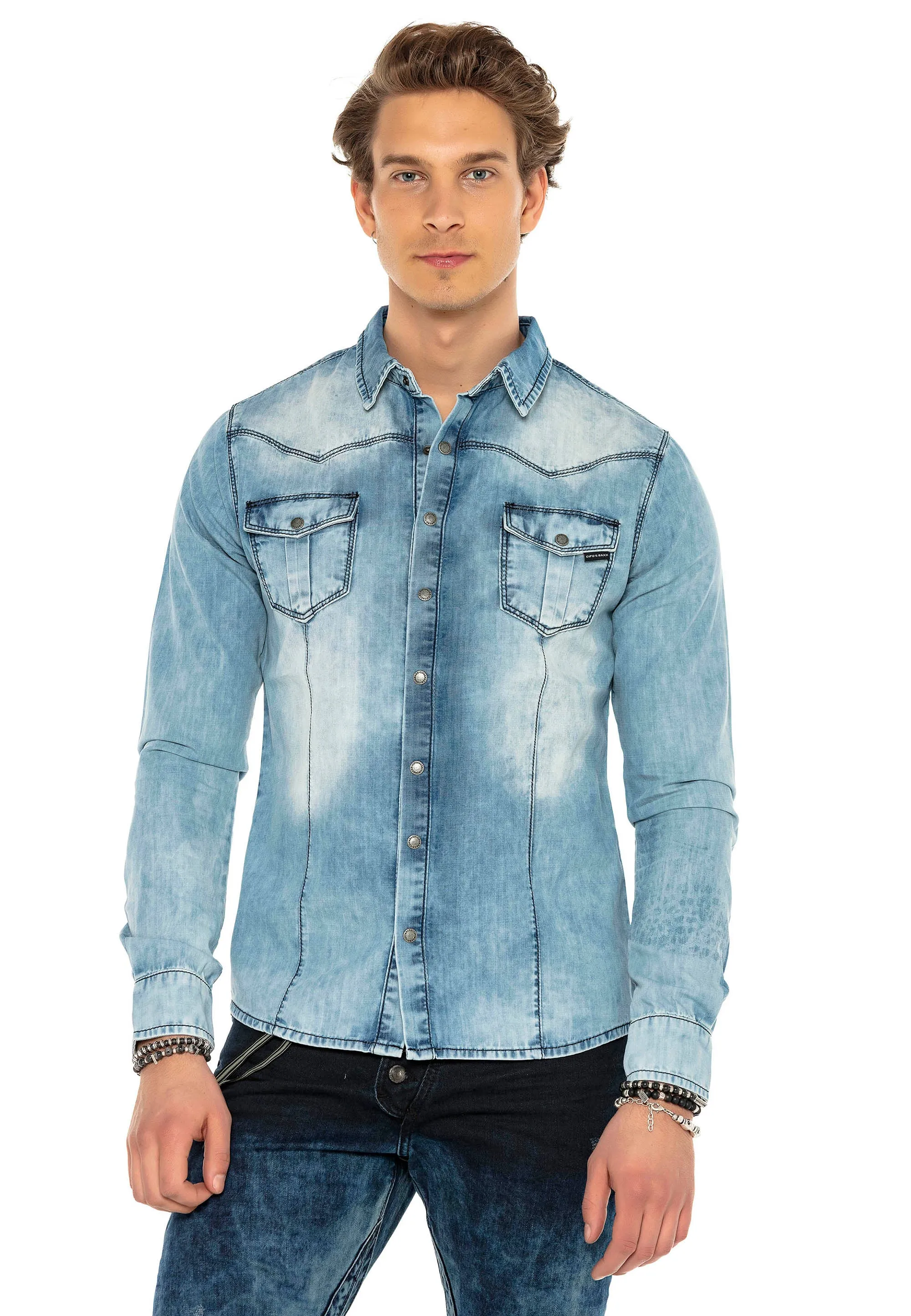 CH165 Herren Jeanshemd mit praktischen Druckknöpfen