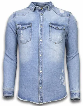 Jeanshemd Herren - Slim Fit Long Sleeve - Damaged Sleeves - Blau