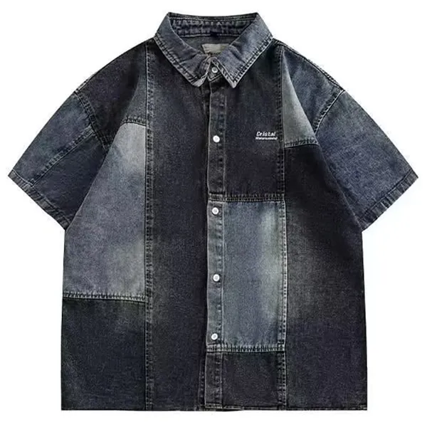 Jeanshemd im Retro-Stil mit Stehkragen, kurzen Ärmeln in Kontrastfarben und altgewaschenem Denim für Herren