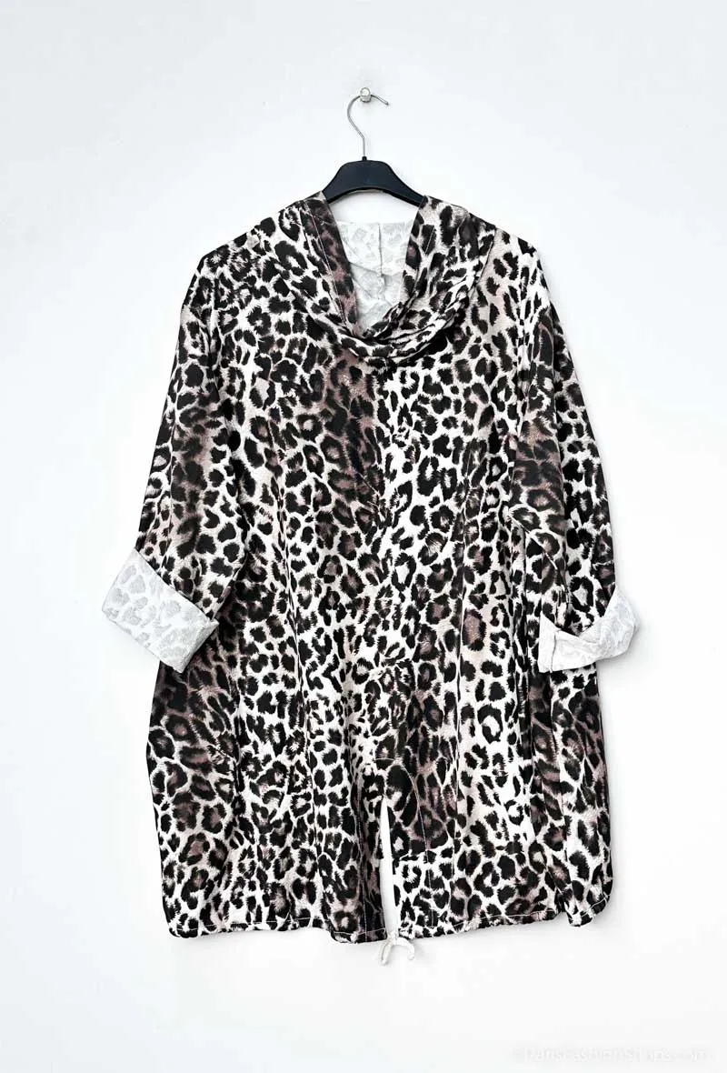 Kapuzenpullover mit Leopardenmuster und Reißverschluss