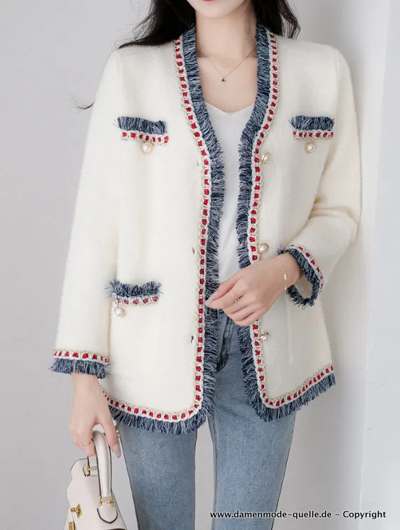 Mikrofaser Mischung Strickjacke Cardigan in Weiß mit Applikationen