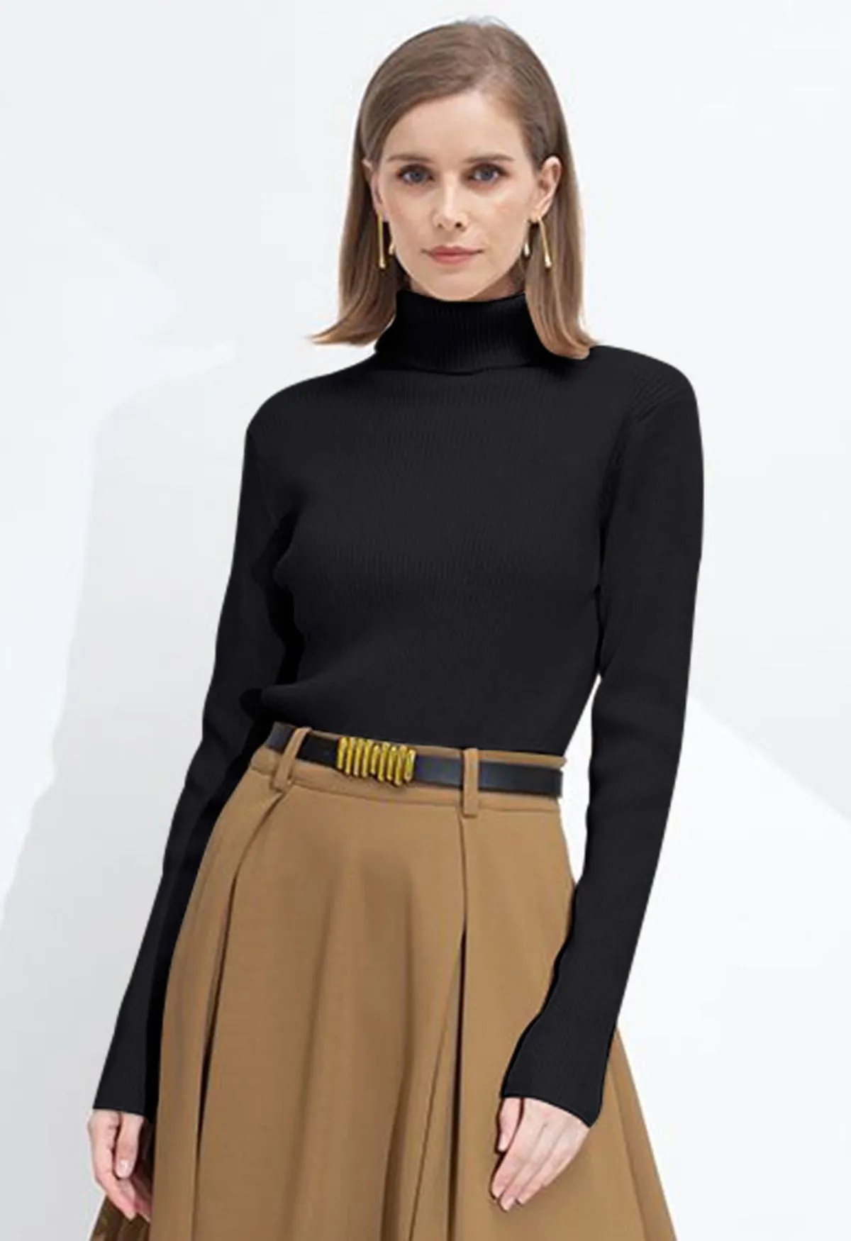 Rollkragen-Stricktop mit langen Ärmeln in Schwarz