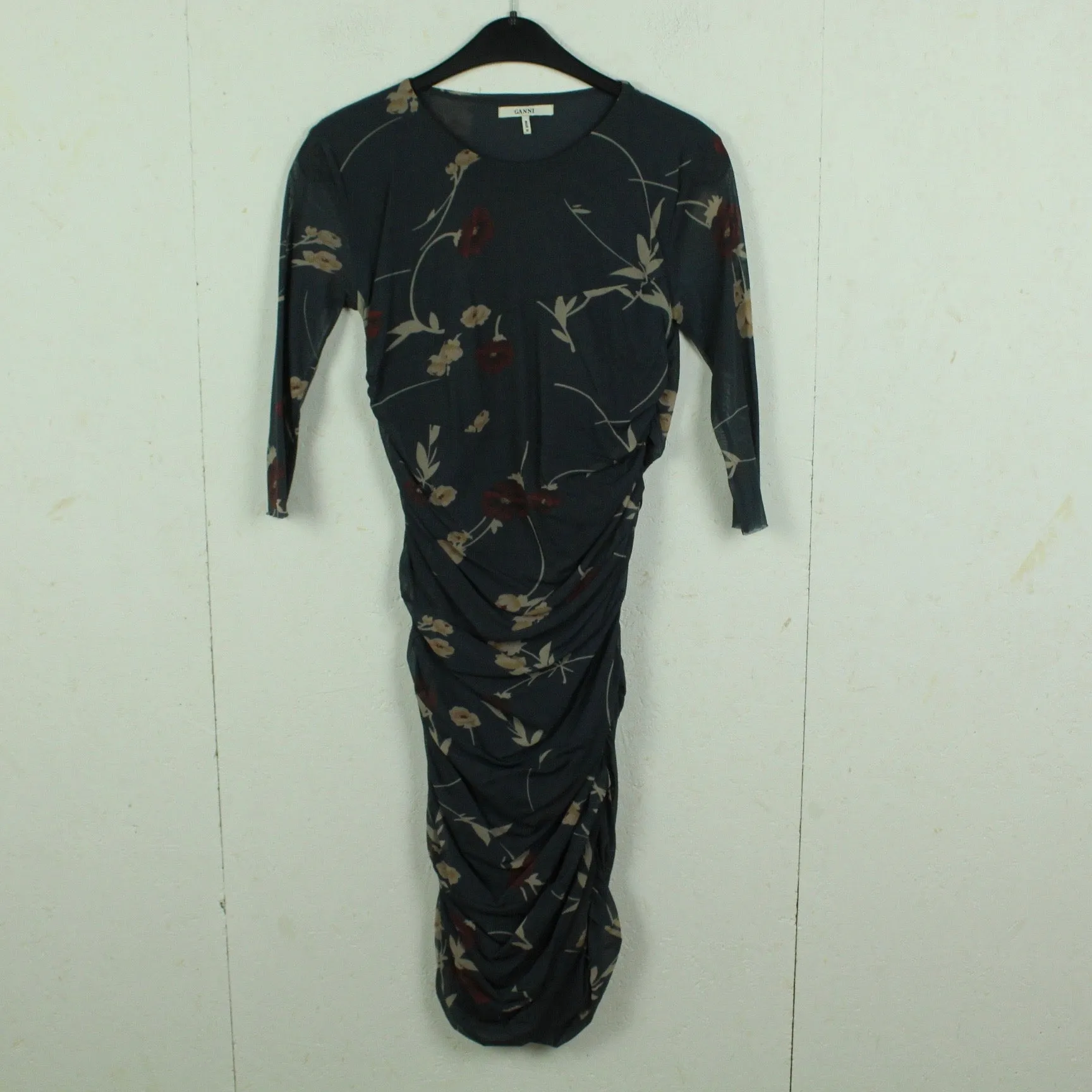 Second Hand GANNI Kleid Gr. 38 blaugrau geblümt Stretchkleid (*)