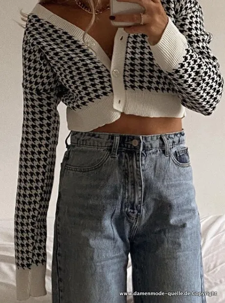 V-Ausschnitt Houndstooth Damen Cardigan Kurz